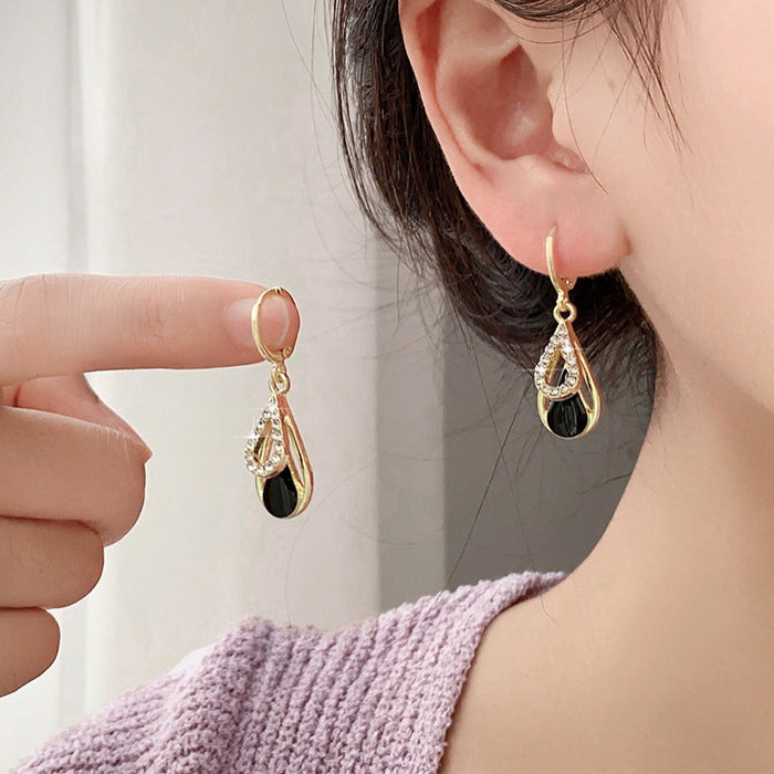 Wholesale High-grade Diamond-encrusted Water Drops Black Hollow Double-layer Earrings Women's