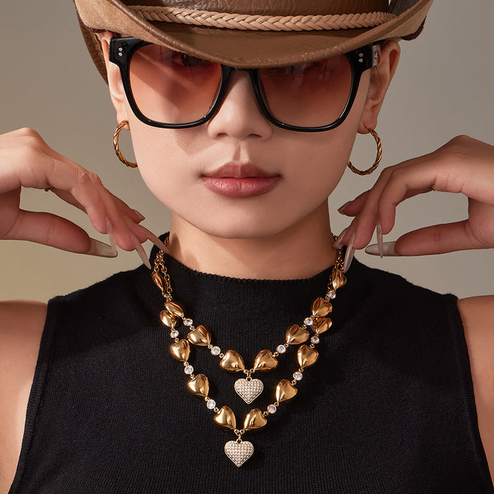 Wholesale Zircon hollow heart full diamond stainless steel clavicle chain