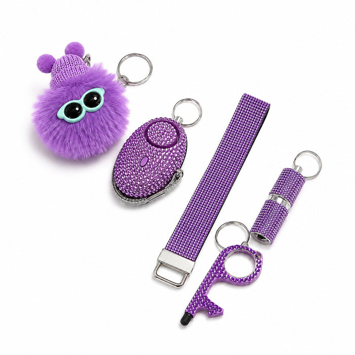 Wholesale Simple Style Alloy Self Defense Alarm Keychain With Wrist Strap And Pom Pom Black Decorative Accessory For Resale