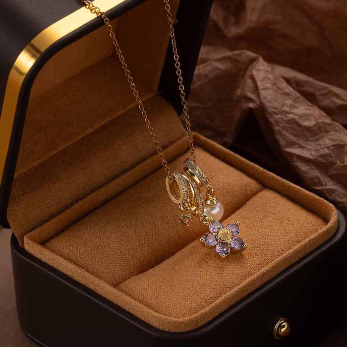 Wholesale Women's Stainless steel Necklace Five Petal Flower Circle Pendant