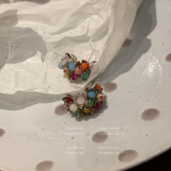 Wholesale flowers natural stone  925 silver ins rainbow small stone earrings