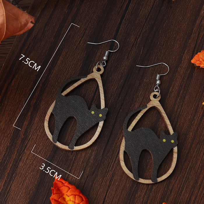 Wholesale  Black Cat Hollow Drop-Shaped Pendant Earrings Wooden Gothic Style Double-Sided Earrings Gift