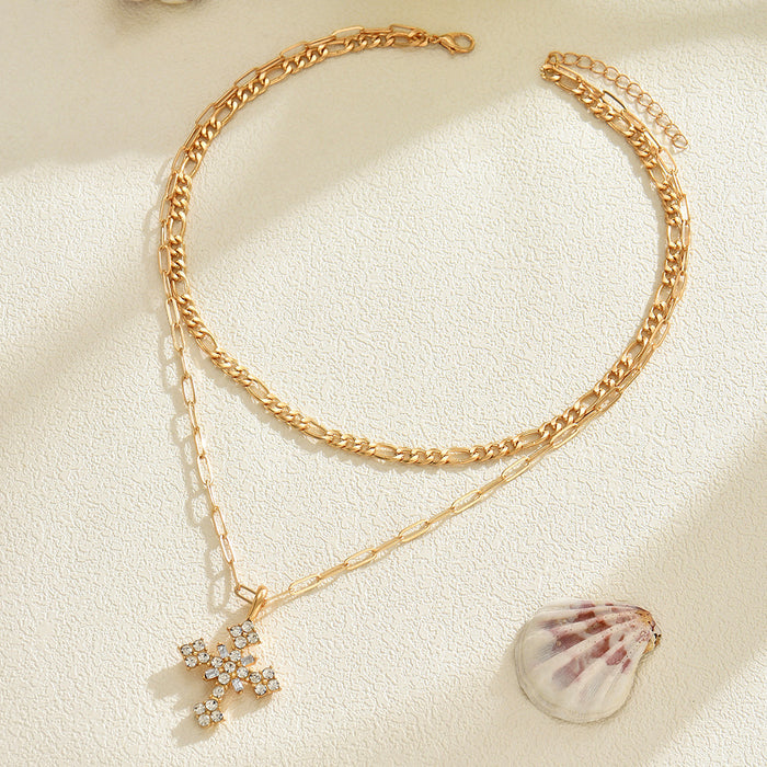 Wholesale Light luxury and high-end temperament, cross pendant necklace with full diamonds, versatile and layered sweater chain
