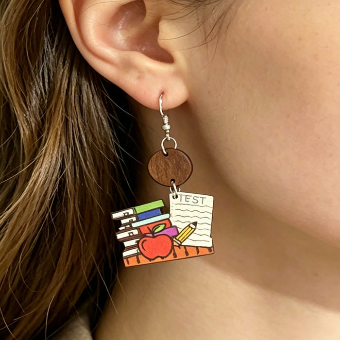 Wholesale Book and Pencil Wooden Earrings Teacher Theme Trendy Jewelry Accessory