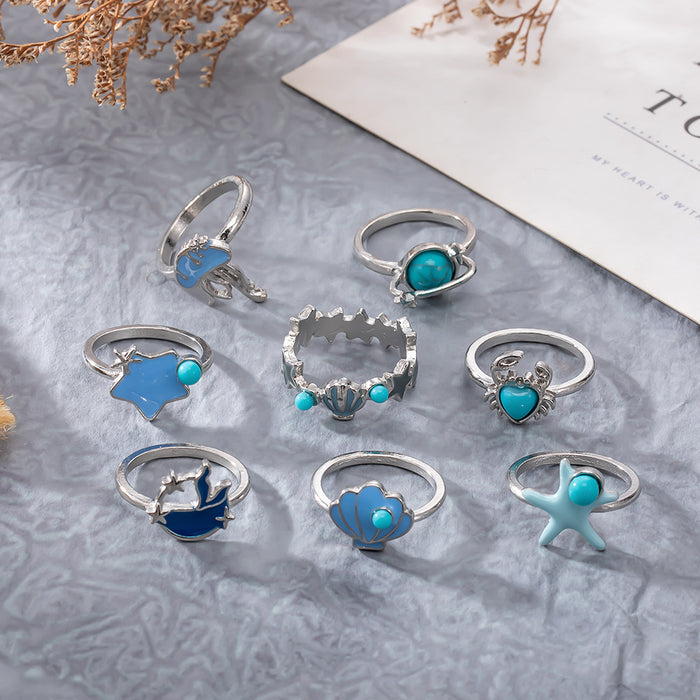 Wholesale Vintage marine dripping turquoise 9 PCs ring set