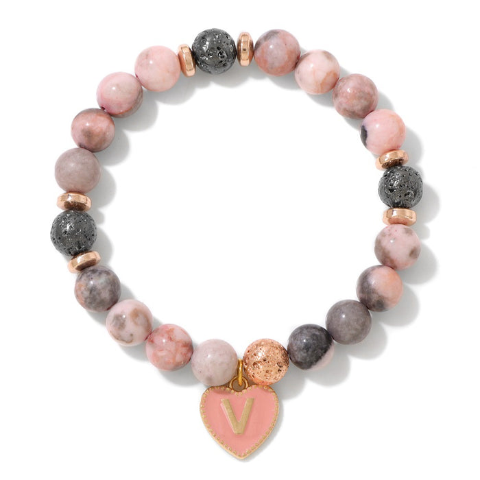 Wholesale 26 letter alphabet heart charm bracelet with 8mm stone beads  pink zebra jasper and volcanic rock beads