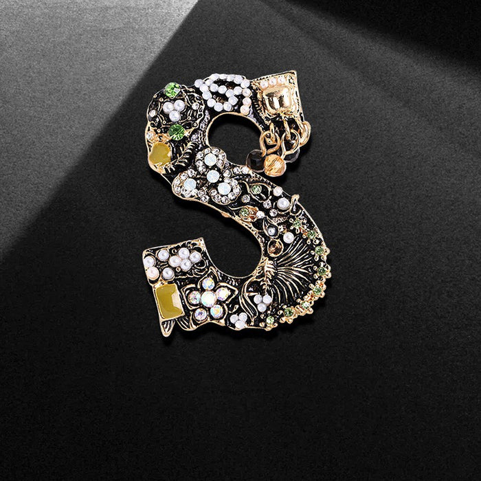 Wholesale Rhinestone letter brooch with diamond and pearl buckle,  dress coat pin to decorate shoes and bags