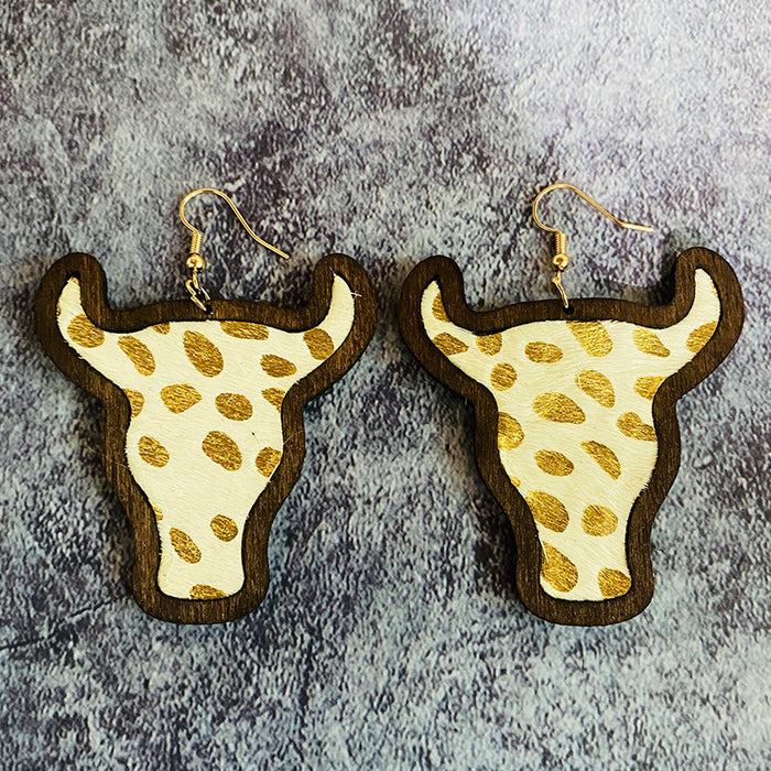 Wholesale Retro genuine leather earrings Western cow head leopard print horse hair inlaid wooden earrings