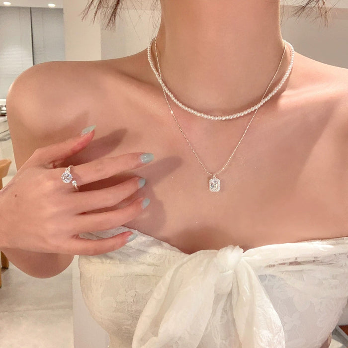 Wholesale French Zircon Sugar Cube Pearl Double Layer Choker Necklace In Titanium Steel Trendy Layering Jewelry For Women Boutique Resale Gift