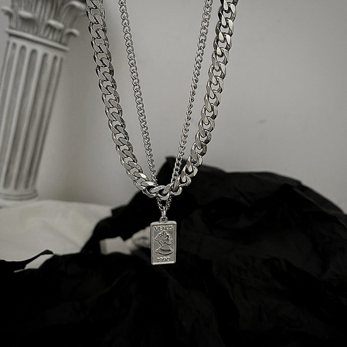 Wholesale Vintage titanium steel pendant with niche design, double layered necklace, sweatshirt chain accessories