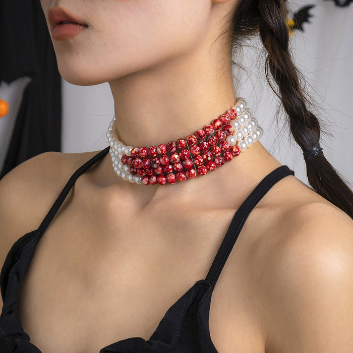 Wholesale jewelry round beads necklace vintage gothic style blood drop tassel imitation pearl necklace