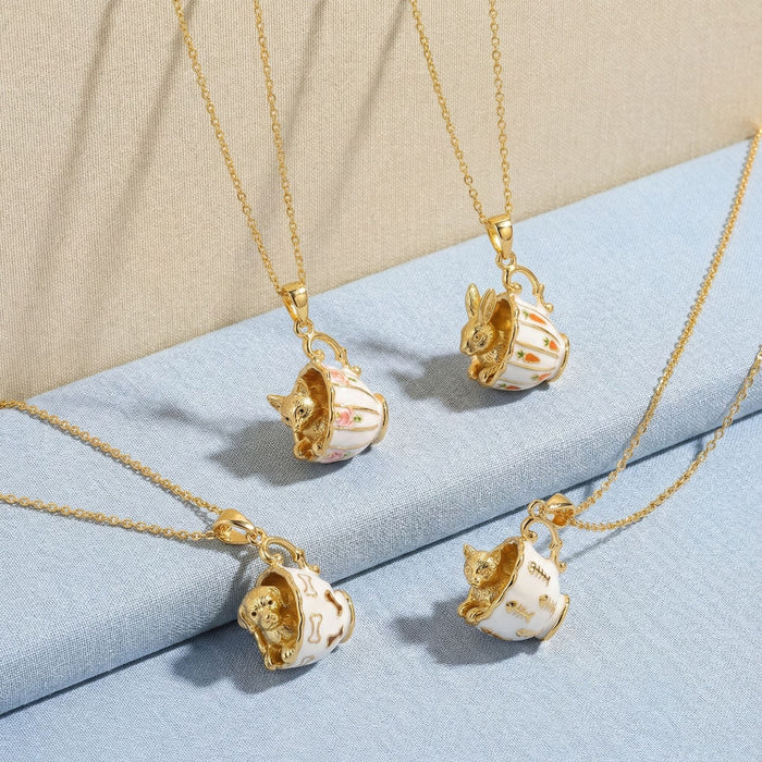 Wholesale Cat dog rabbit fox cup gold pendant necklace teacup rabbit design