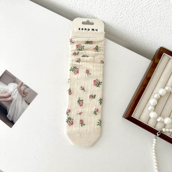 Wholesale Thin mid tube bow lace pile socks with mesh breathable cotton