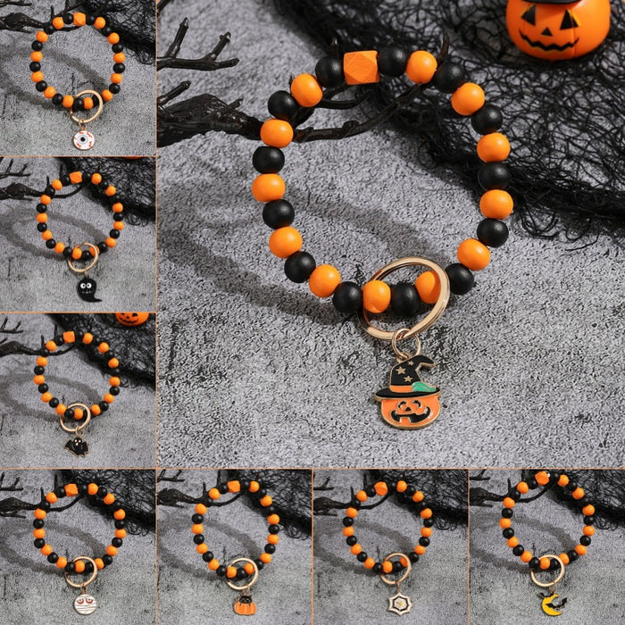 Wholesale Halloween Day Bracelet Halloween Pumpkin Wooden Beaded Keychain JDC-KC-RongRui030