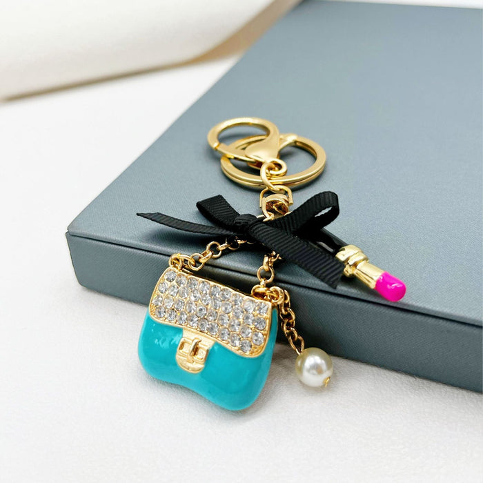 Wholesale Rhinestone Lipstick Bow Small Shoulder Bag Alloy Keychain JDC-KC-ZhanLun005