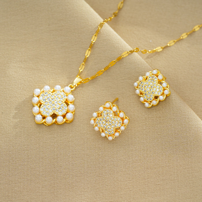 Wholesale Zirconia Heavy Industry Real Gold Electroplated Copper Micro-inlaid Earrings and Necklace Set JDC-NE-OBK007