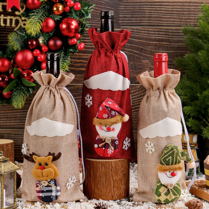 Wholesale Christmas linen old man figurine wine bottle cover holiday hotel dining table cartoon three-dimensional drawstring wine bag
