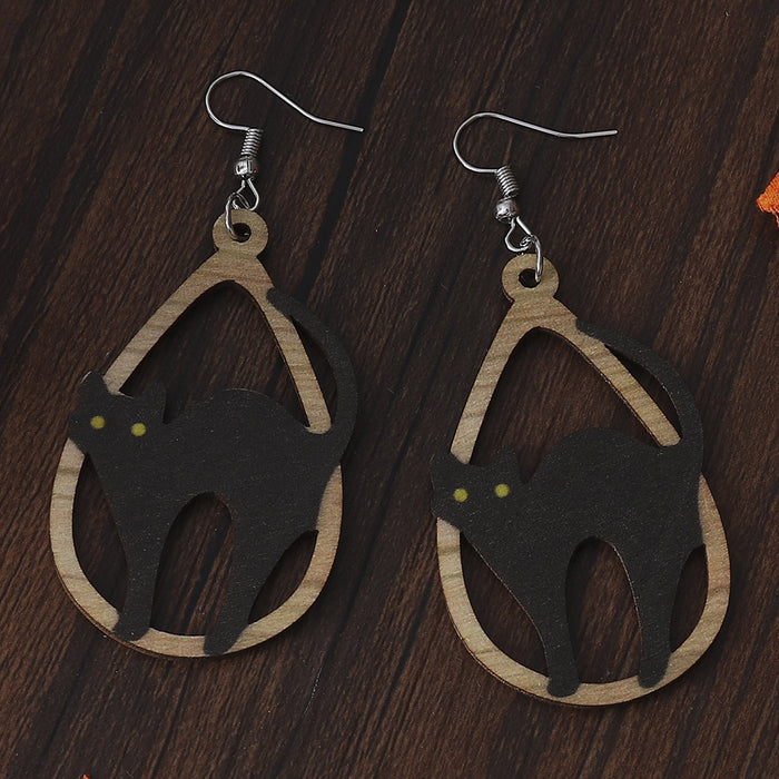Wholesale  Black Cat Hollow Drop-Shaped Pendant Earrings Wooden Gothic Style Double-Sided Earrings Gift