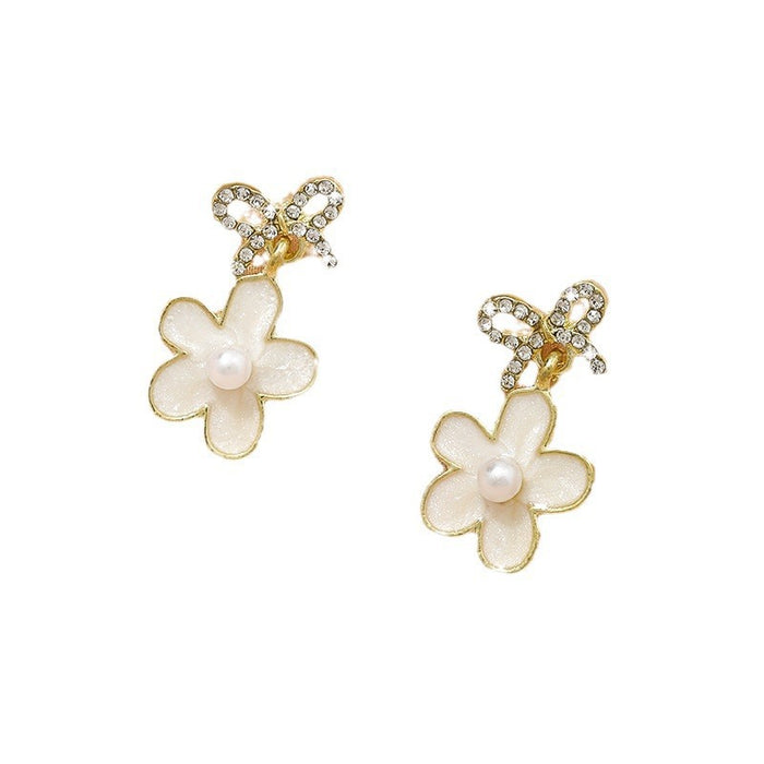 Wholesale Temperament bow flower pearl earrings fashion light luxury earrings niche feeling same style versatile earrings wholesale