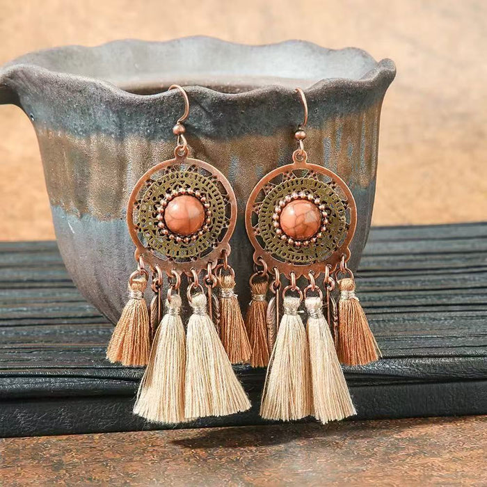Wholesale Retro Bohemian Turquoise Tassel Earrings Zinc Alloy Fashion Accessory MOQ≥2