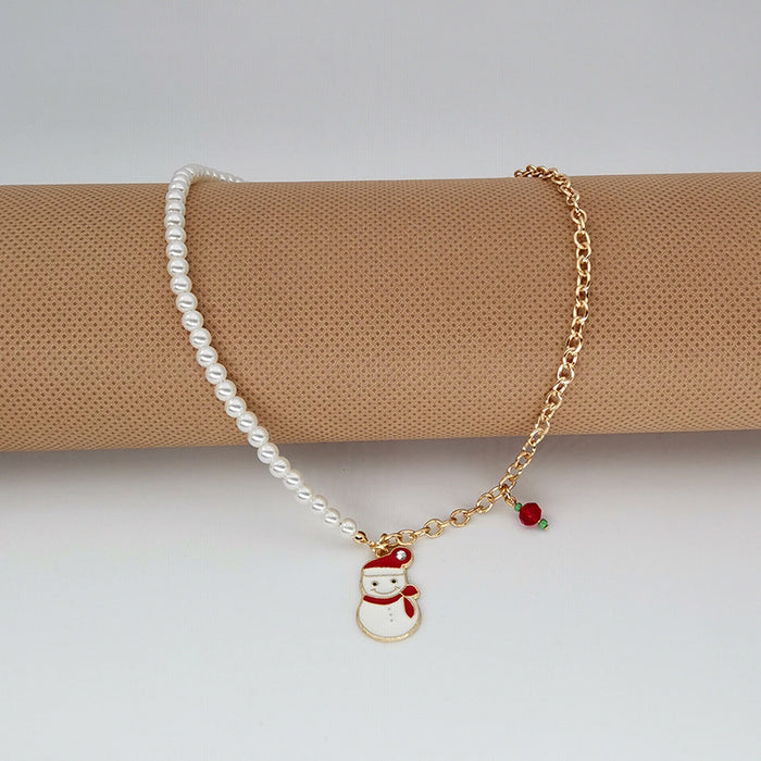 Wholesale Christmas Necklace Alloy Dripping Oil  Snowflake Bell Pearl Christmas Necklace