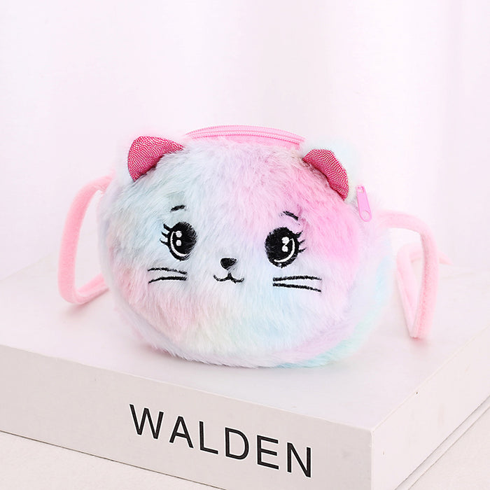 Wholesale Creative Plush Crossbody Bag Cartoon Children's Shoulder Bag Cute Cat Double Zipper Rabbit Fur Tie-Dye Small Shoulder Bag JDC-SD-SM003