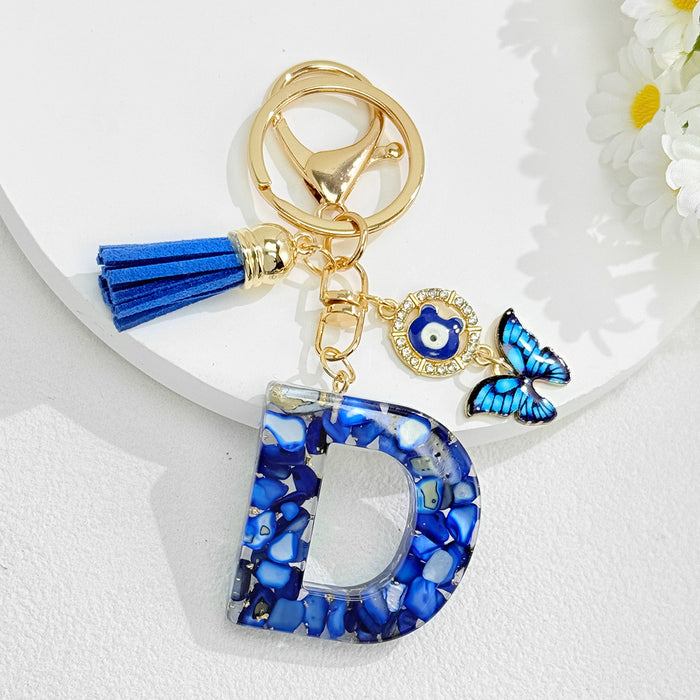 Wholesale Royal Blue 26 Letter Keychain with Evil Eye Butterfly Tassel Pendant