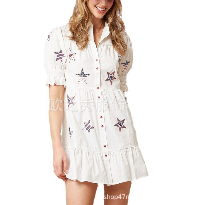 Wholesale Five pointed star sequin dress lantern sleeve shirt mid skirt for women