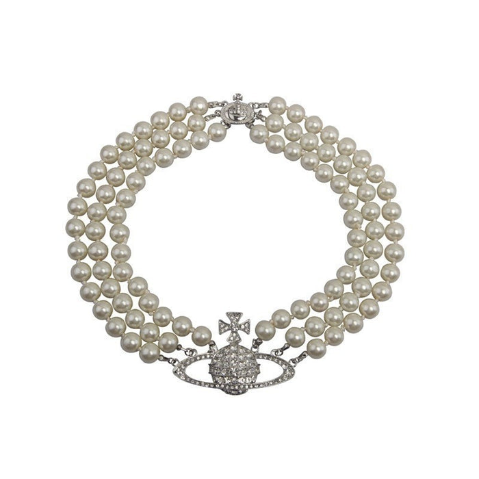 Wholesale Saturn-set diamond three-strand pearl necklace
