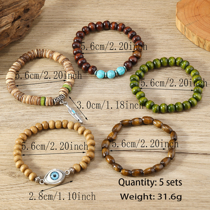 Wholesale Evil eye turquoise and feather 5-piece set wooden bead stretch bracelet