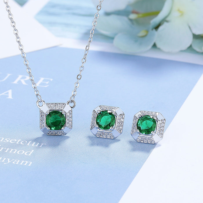 Wholesale Zircon necklace earring set, fashionable square pendant, collarbone chain