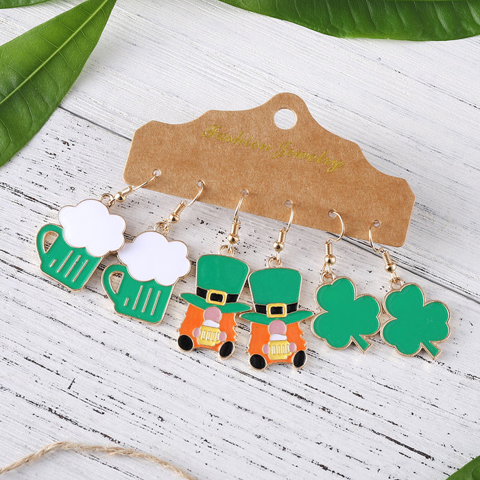 Wholesale St.Patrick's Day Clover Earring Set 3 Pairs Alloy Drip Oil Jewelry Accessory