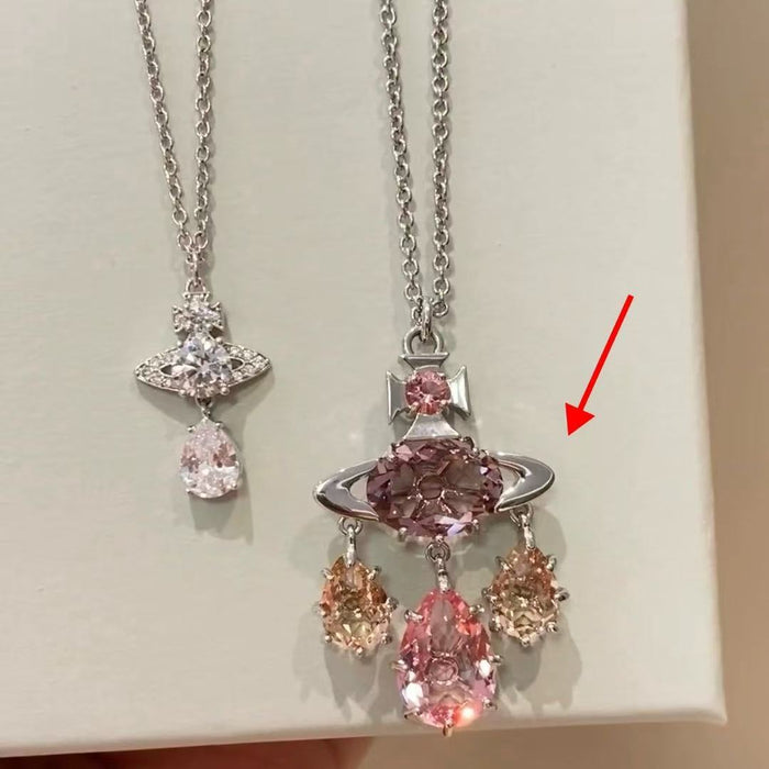 Wholesale pink bow mermaid tears three-dimensional planet necklace clavicle chain