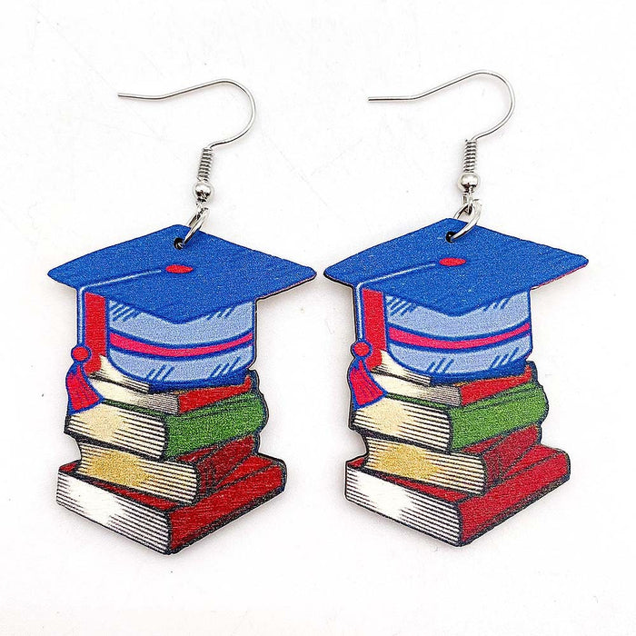 Wholesale Graduation Season Letter Pencil Book Print Wooden Earrings JDC-ES-Chengy034