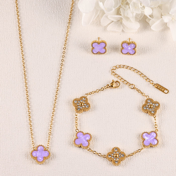Wholesale Stainless Steel Four-Leaf Clover Three-Piece Gold-Plated Jewelry Set