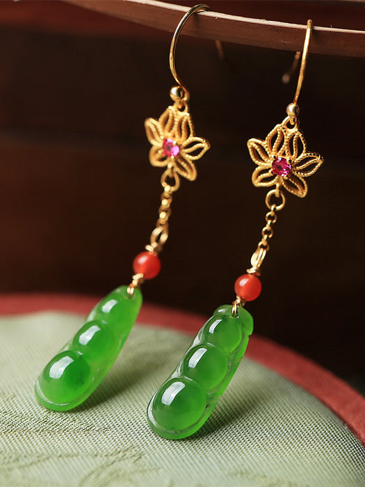 Wholesale Pure silver antique gold flower inlaid long tassel jade earrings earrings earrings earrings earrings