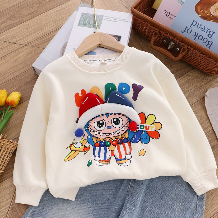 Wholesale Girls Cotton Sweatshirt Cartoon Children Autumn Three-dimensional Doll Collar Top Fashionable Children' s Clothing Two-piece Set Chinese Cotton Sweatshirt