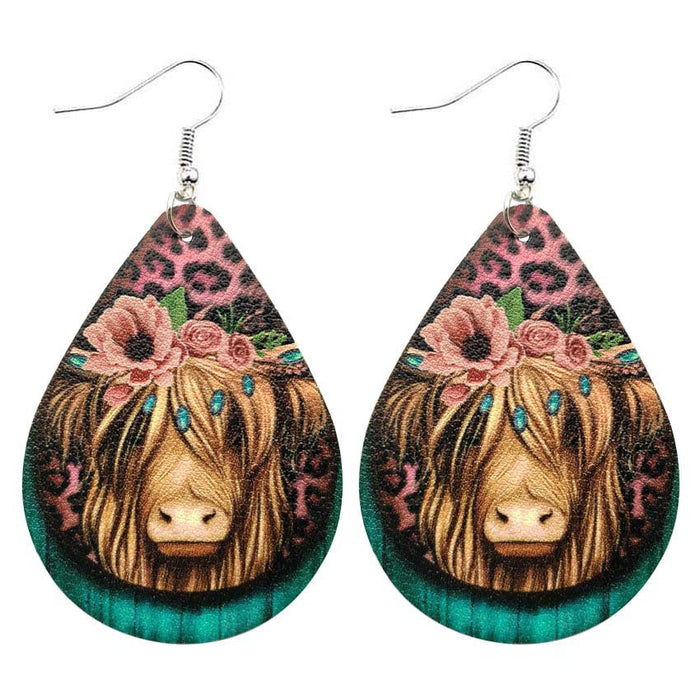 Wholesale Earrings Farm animal cow pattern leather water drop earrings JDC-ES-KDL019