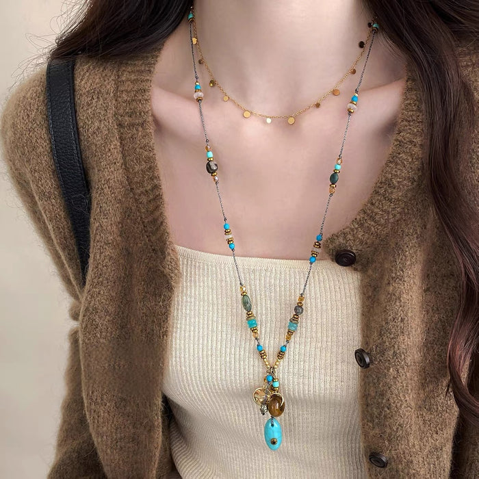 Wholesale Retro Turquoise Beaded Layered Necklace Chinese Ethnic Style Collarbone Chain Chic Jewelry Accessory