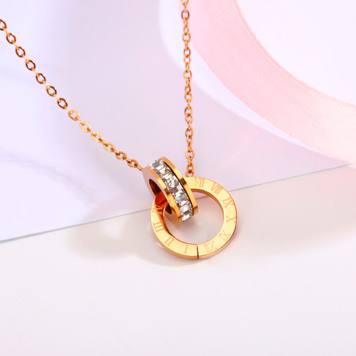 Wholesale 2pcs Titanium Steel Rose Gold Roman Double Ring Number Necklace JDC-NE-XinLong015