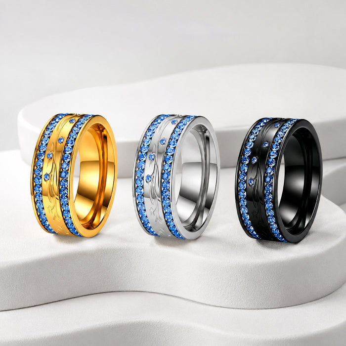 Wholesale Retro Carved Wide Band Ring Gold Stainless Steel Blue Tone Fashion Accessory