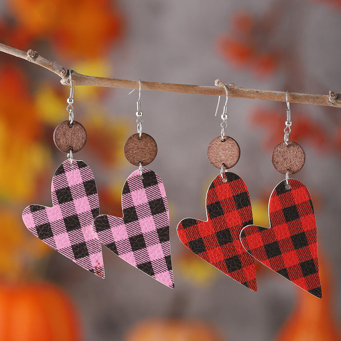 Wholesale  Valentine' s Day Plaid Love Pieces ing Pendant Earrings PU Leather Wooden ing Double-sided Earrings