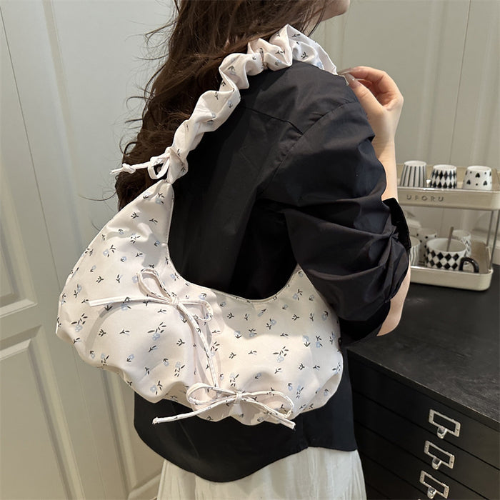 Wholesale Bowknot Floral Pleated Cloud Bag Women' s One-shoulder Underarm Bag Casual Crossbody Canvas Bag