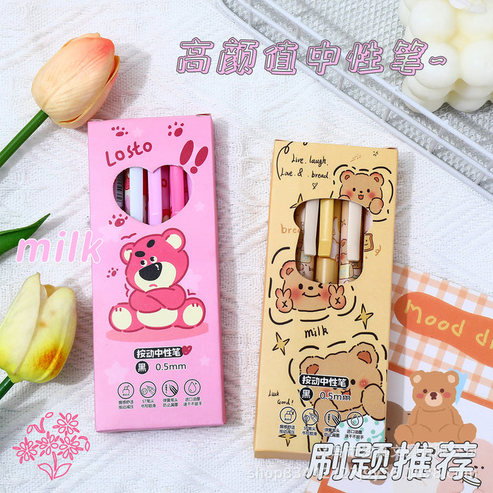 Wholesale 5pcs/ box Cartoon Black Pen Bear ST Quick-drying Brush Pen Strawberry Bear Press Gel Pen Super Cute Test Pen