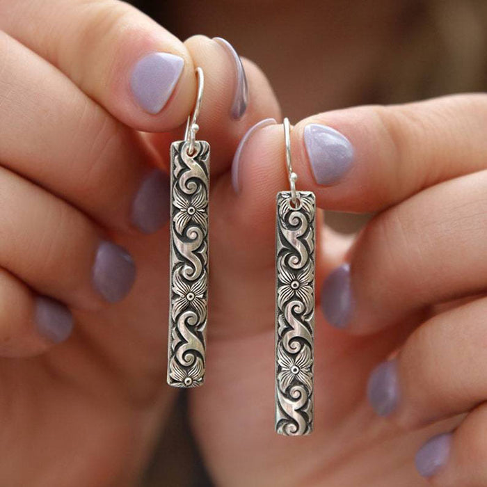 Wholesale Geometric Carving Pendant Earrings Trendy Ancient Silver Earhook Earrings Women's Accessories