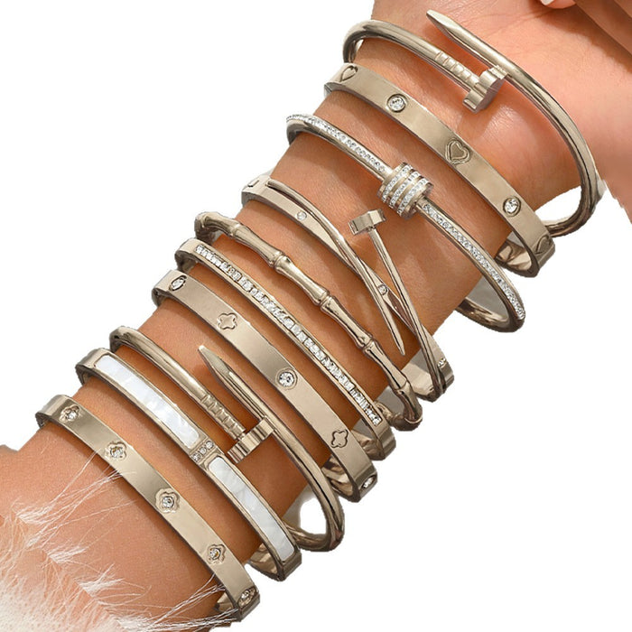 Wholesale Titanium Steel Rhinestone Clover Bangle Bracelet Set Gold And Silver Fashion Jewelry