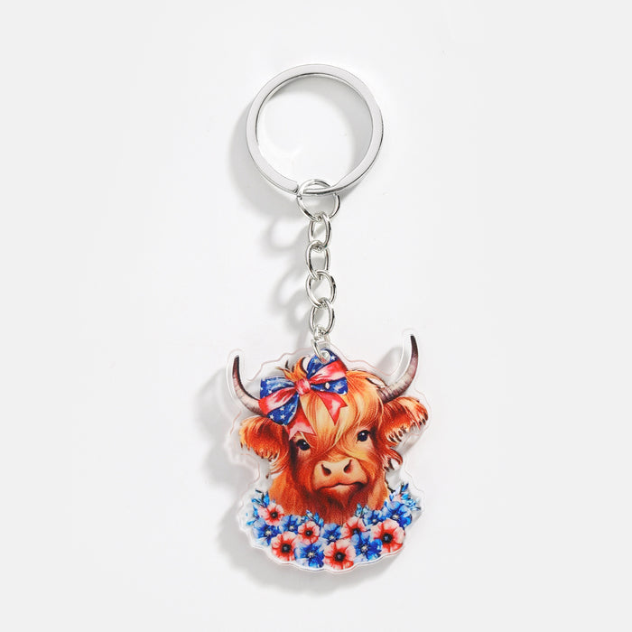 Wholesale 12PCS American Independence Day Acrylic Highland Cow Keychain JDC-KC-HuiWen008