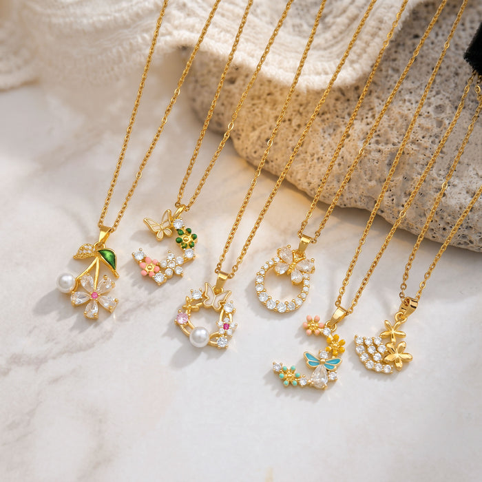 Wholesale Flower Butterfly Pendant Necklace Titanium Steel Gold Plated Jewelry Accessory