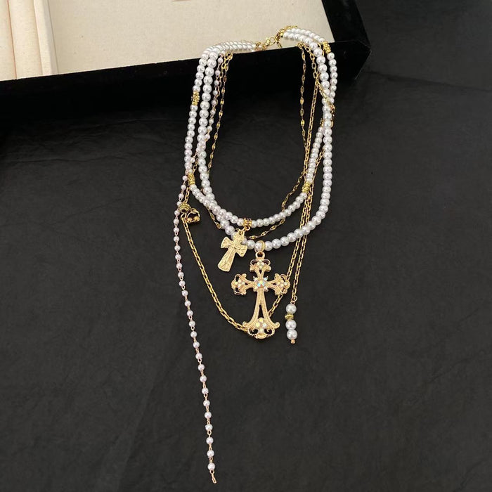 Wholesale Multi-layer Cross Pearl Alloy Necklace JDC-NE-LaiL010