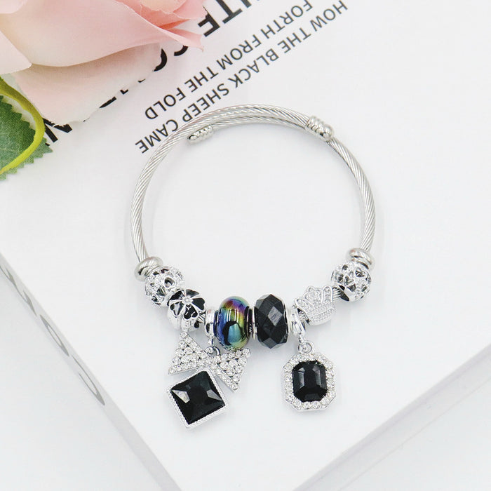 Wholesale Bow Pendant Beaded Bracelet Black Stainless Steel Adjustable Jewelry Accessory